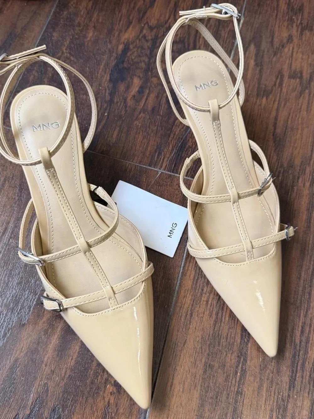 NWT Mango Nude Beige Leather Kitten Pointed Toe Ankle Strap Buckles Heels Pumps